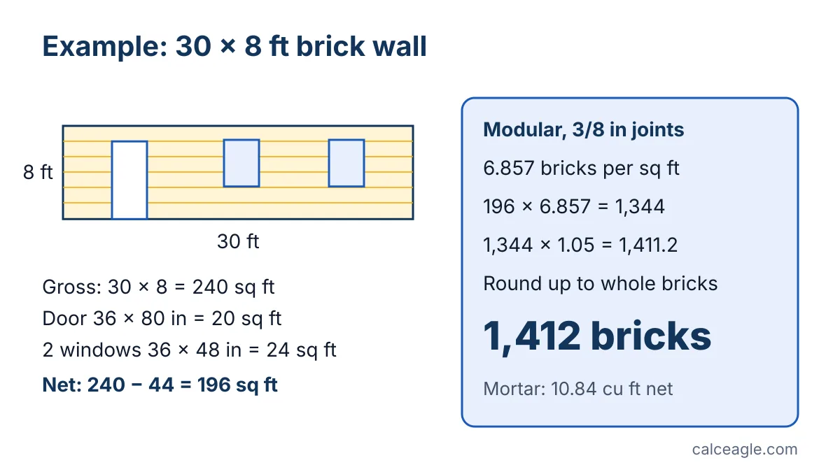 Worked example: 30 by 8 foot wall minus a door and two windows leaves 196 square feet, times 6.857 bricks per square foot equals 1,344 bricks, plus 5 percent waste equals 1,412 bricks