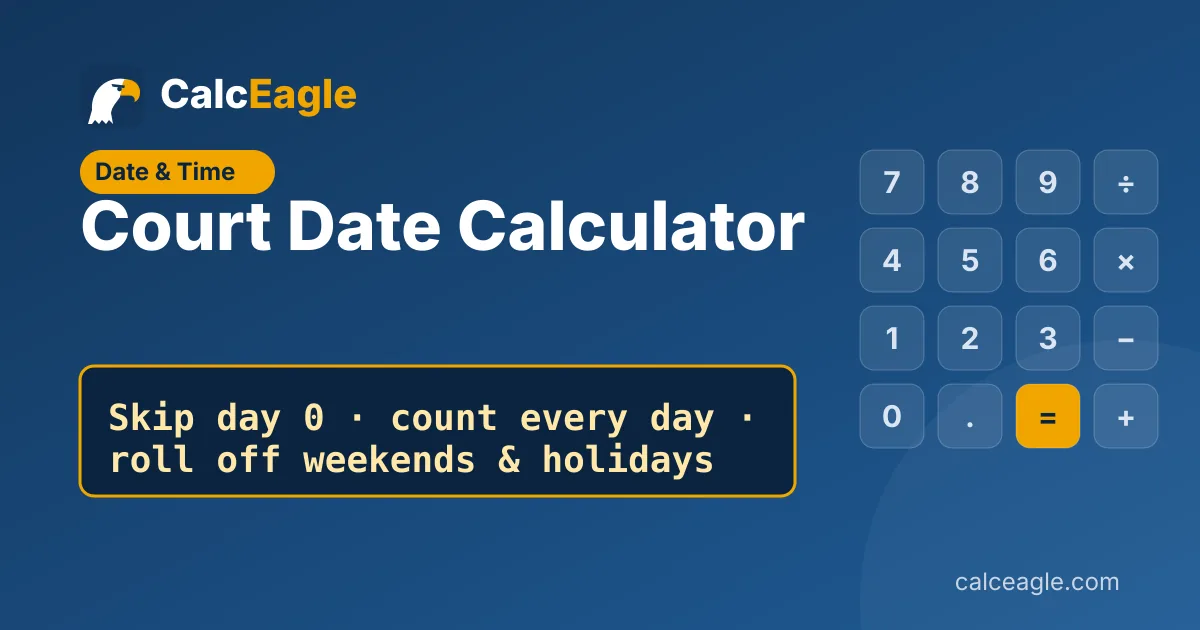 Court Date Calculator: Skip day 0 · count every day · roll off weekends & holidays